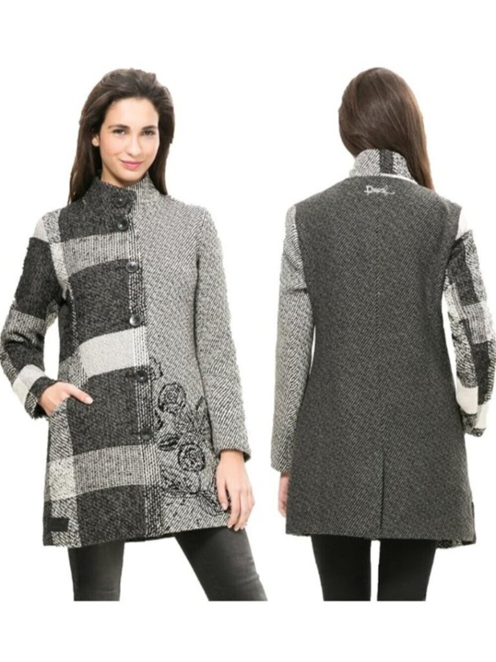 Desigual Patchwork Artsy Wool Blend Tweed Button Front Pea Coat